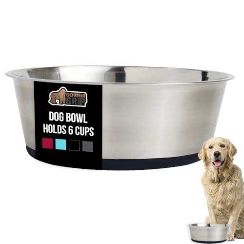 GORILLA GRIP Dog Bowl, Holds 6 Cups (48 fl oz), Food Grade 304 Stainless Steel Food and Water Bowl for Feeding Dogs and Cats, BPA Free Rubber Base, Easy Clean, Dishwasher Safe, Rust Resistant, Black - color: Black, size: 6 Cup (48 Oz)