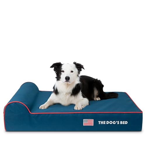 The Dog’s Bed Orthopedic Memory Foam Dog Bed with Headrest, Calming Surface – CertiPUR-Certified Foam, Oxford Fabric, Blue with Red Trim USA Flag, Large, 6-Inch - color: Blue with Red Trim US Flag, size: Large (6" deep)