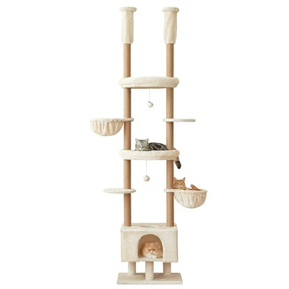 Cat Tree, Floor to Ceiling Cat Tower Adjustable Height [92.9-102.4 in=235-258cm], 7 Tiers Cat Climbing Play House with Fully Sisal Scratching Post, Cozy Condo & Hammocks for Indoor Cats, Beige - color: Beige2.0