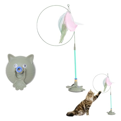 renvena Cat Exercise Toy Adjustable Feather Teaser Wand with Suction Cup Mental Stimulation for Indoor Pets Green One Size - color: Green