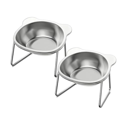 2 Pcs Elevated Cat Bowls, 15°Tilted Stand Whisker Friendly Raised Cat Food & Water Dishes, 5.9 inch Stainless Steel Indoor Anti-Vomiting Small Dog Bowls,Dishwasher Safe,Spine Friendly - size: 2Pack