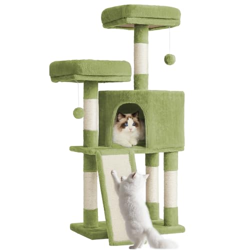 Feandrea Cat Tree, 45.3-Inch Cat Tower, Plush Condo with Scratching Post, Ramp, Perch, Spacious Cave, for Small Space, Grass Green UPCT141C01 - color: Grass Green