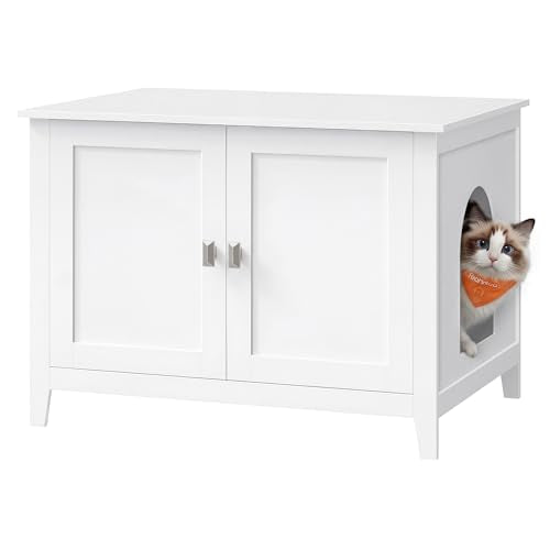 Feandrea Cat Litter Box Enclosure, Modern Hidden Cat Litter Box Furniture, Double Doors, Handles, Indoor Pet House Washroom, Living Room Side End Table, Cloud White UPCL015WB01