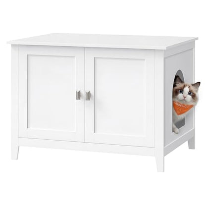 Feandrea Cat Litter Box Enclosure, Modern Hidden Cat Litter Box Furniture, Double Doors, Handles, Indoor Pet House Washroom, Living Room Side End Table, Cloud White UPCL015WB01
