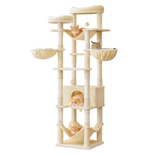 77-Inch Tall Cat Tree, Multi-Level Large Cat Tower with 4 Hammocks, 2 Padded Perches, Cat Condo, Sisal Scratching Posts and Hanging Toys for Adult Cats, Beige - color: Beige, size: XXL (19.7 x 19.7 x 77 Inches)