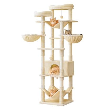 77-Inch Tall Cat Tree, Multi-Level Large Cat Tower with 4 Hammocks, 2 Padded Perches, Cat Condo, Sisal Scratching Posts and Hanging Toys for Adult Cats, Beige - color: Beige, size: XXL (19.7 x 19.7 x 77 Inches)