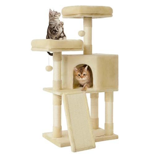 Feandrea Cat Tree, 45.3-Inch Cat Tower, Plush Condo with Scratching Post, Ramp, Perch, Spacious Cave, for Small Space, Beige UPCT141M01 - color: Beige