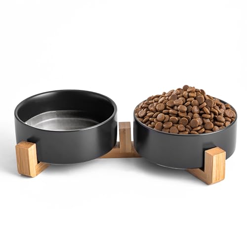 Mowtanco Black Ceramic Dog & Cat Bowl Set – 13.5 OZ with Wooden Stand, Non-Slip, Elevated Design for Small Dogs & Cats – 2 Bowls (Food & Water, Ceramic Pet Bowls, Modern Dog Bowls) - color: Black × 2