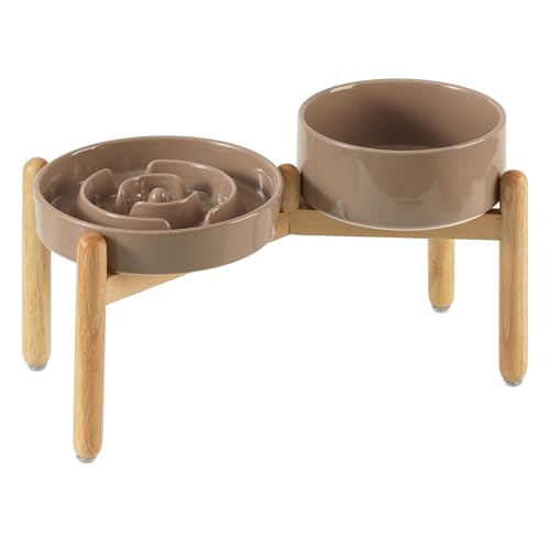 Havniva 8.2” Raised Slow Feeder Dog Bowls Set, 1.6 Cups Ceramic Slow Feeder Dog Bowl and 7.3” Dog Water Bowl with Elevated Wooden Stand Puzzle Dog Food Bowl for Medium Dogs Anti-Gulping & Anti-Choking - color: 2 x Brown Coffee+Stand-A, size: 8.2inch