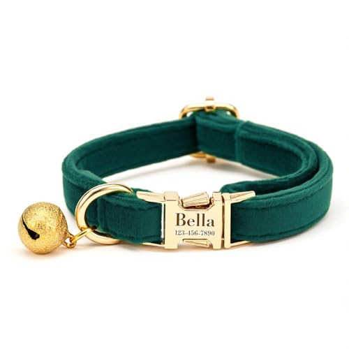 Custom Cat Collar with Bells Personalized Small Cat Collar Engraved Name & Phone Number with Secure Metal Quick-Release Buckle Adjustable (Christmas Green) - color: Christmas Green