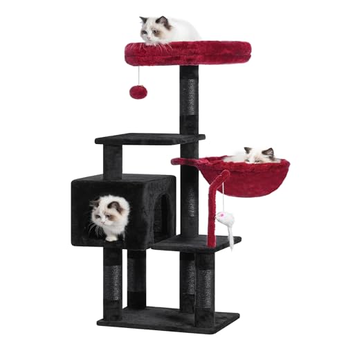 Heybly Cat Tree with Toy, Cat Tower Condo for Indoor Cats, Cat House with Padded Plush Perch, Cozy Hammock and Sisal Scratching Posts, Black and Red HCT004SBR - color: Black and Red, size: 43.3 inch