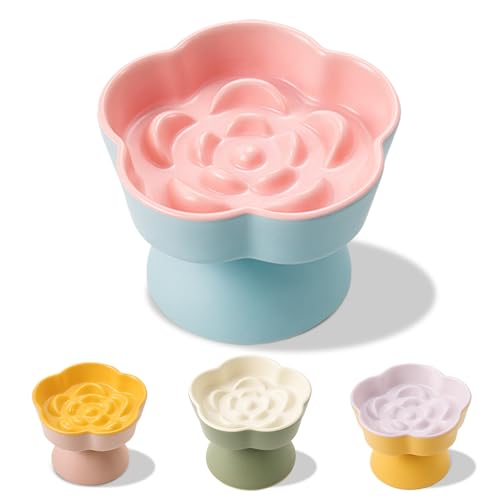 Tilted Cat Bowl, Flower-Shaped Ceramic Slow Feeder Cat Bowl, Raised Pet Bowl for Whisker Relief, Prevents Vomiting & Bloating, Non-Slip Base, Easy to Clean for Dry/Wet Food (Pink & Blue) - color: Pink & Blue