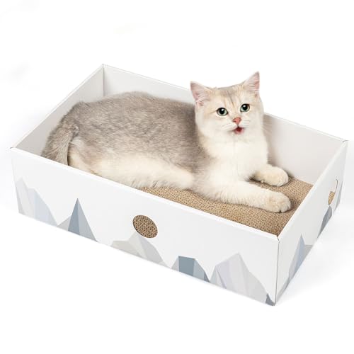 Conlun Cat Scratcher Box with Heavy-Duty Double-Sided Cardboard Pad, Cardboard Lounger, Interactive Hole Design, Cat Bed for Indoor Cats, White, Large - color: White, size: L-1 Pack