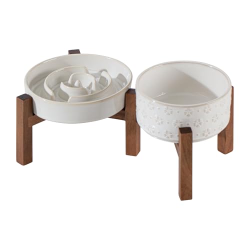 Havniva 1.2 Cup Elevated Slow Feeder Dog Bowls, 7.3” Dog Slow Feeding Bowls + 6.1” Ceramic Dog Water Bowls Set with Acacia Wood Stand, Dog Food Bowls Puzzle Feeder for Small Dogs Non-Slip Anti-choking - color: 2 x White + Stand - A, size: M- 7.3inch / 1.2