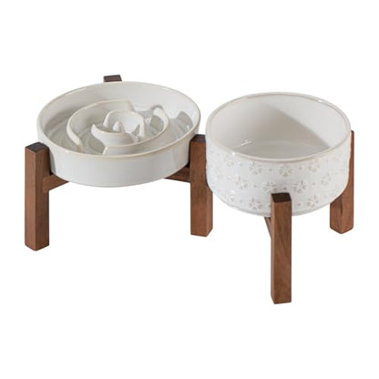 Havniva 1.2 Cup Elevated Slow Feeder Dog Bowls, 7.3” Dog Slow Feeding Bowls + 6.1” Ceramic Dog Water Bowls Set with Acacia Wood Stand, Dog Food Bowls Puzzle Feeder for Small Dogs Non-Slip Anti-choking - color: 2 x White + Stand - A, size: M- 7.3inch / 1.2
