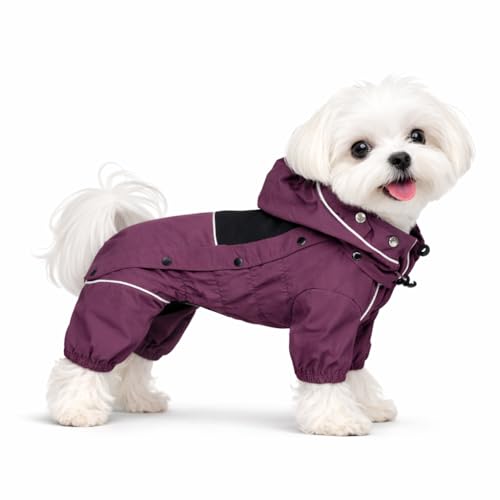 LOVELONGLONG Waterproof Dog Raincoat with Removable Hood – Outdoor Full Body Dog Jacket, Windproof Snowproof Shell Suit – All Season Pet Rain Gear Plum Purple XXS - color: Plum Purple, size: XXS (Back 9")