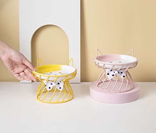 Elevated Cat Bowls with Non-Slip Metal Stand - Raised Food and Water Bowls, Fits Cats & Small Dogs - Dishwasher Safe - color: Yellow