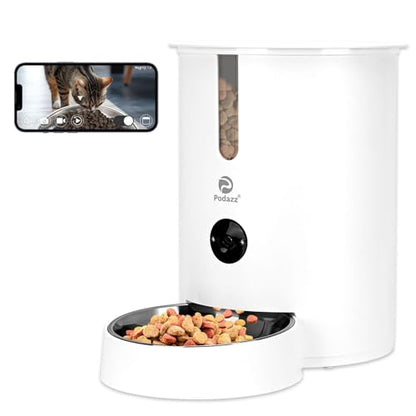 Automatic Cat Feeders, Podazz 1080P HD Camera Timed Auto Cat Dog Feeder with Smart App, 5G WiFi Dry Food Dispenser 2-Way Audio, Voice Recorder, Night Vision, Non-Stick Food Bowl (White)