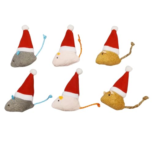 6-Pack Catnip Cat Mice Toys with Cute Christmas Hats - Holiday Cat Plush Toy Set for Cats & Kittens, Festive Interactive Catnip Mice for Indoor Cats, Durable & Fun Christmas-Themed Cat Toys-Style 2 - size: 6 Upright hat Christmas mice