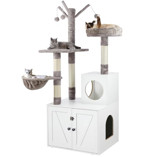 Timberer Litter Box Enclosure with Cat Tree, 2-in-1 Hidden Litter Box Furniture with Scratching Post, Modern Cat Condo, White - color: White
