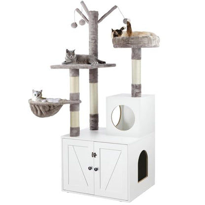 Timberer Litter Box Enclosure with Cat Tree, 2-in-1 Hidden Litter Box Furniture with Scratching Post, Modern Cat Condo, White - color: White