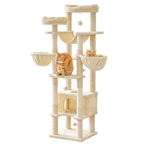 66-Inch Tall Cat Tree for Indoor Cats, Multi-Level Large Cat Tower with 3 Hammocks, 2 Padded Perches, cat Tree Tower with Scratching Post and Hanging Toys for Large Adult, Beige - color: Beige, size: XL (17.7 x 17.7 x 66 Inches)