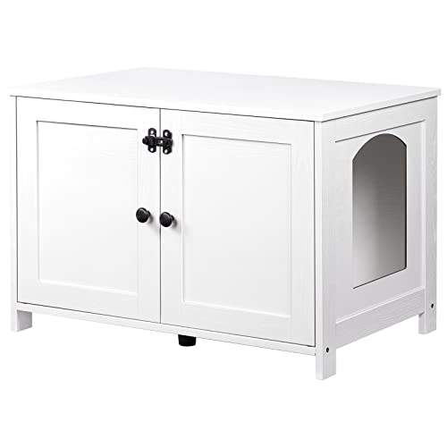 HOOBRO Litter Box Enclosure, Cat Litter Box Furniture with Removable Divider, Large Hidden Litter Box Furniture, Wooden Cat House, End Side Table, 31" L x 17.5" W x 19.7" H, White WT03MW01G2 - color: White