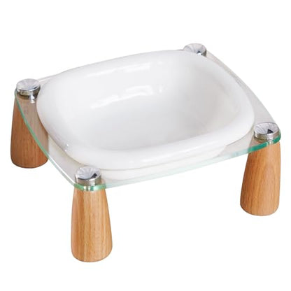 Elevated Cat Bowl and Dog Bowl, Ceramic Raised Pet Bowl with Acrylic & Wood Stand, Non-Slip, 13.5 OZ, for Cats & Small Dogs