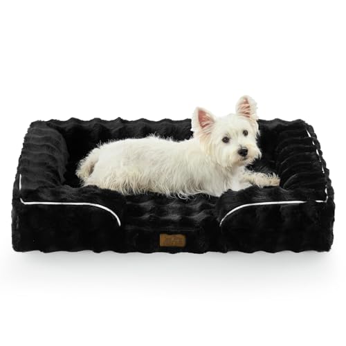 COZY KISS Orthopedic Dog Bed for Large Medium Size Dog, Soft and Warm Faux Fur Sofa for Pet Up to 75 lbs, Foam Bolster Anti-Slip Couch with Washable Removable Cover, L 36x27x6.5 inch, Black - color: Black, size: 36x27x6.5 inch