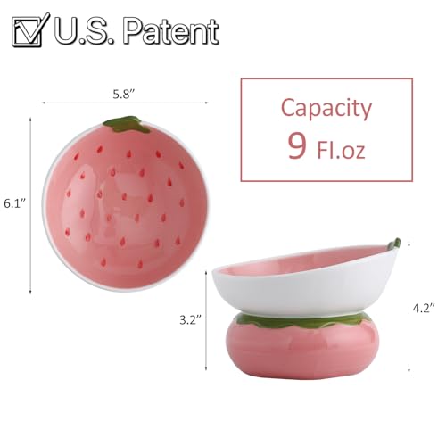 Ceramic Raised Cat Bowl - Pink Elevated Food Bowl for Indoor Cats, Anti-Vomiting & Spine Protection, Cute Tilted Dish for Flat-Faced Cats and Kittens (Strawberry Shaped) - color: Pink