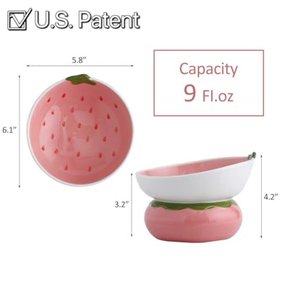 Ceramic Raised Cat Bowl - Pink Elevated Food Bowl for Indoor Cats, Anti-Vomiting & Spine Protection, Cute Tilted Dish for Flat-Faced Cats and Kittens (Strawberry Shaped) - color: Pink