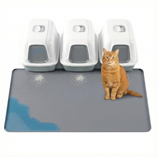 XL Cat Litter Mat: Premium Silicone Waterproof Litter Box Mat with 0.63" High Raised Edges - Non-Slip, Easy to Clean, Soft on Paws Floor Protector for Scatter Control - color: Grey, size: XL 50x25 Inch