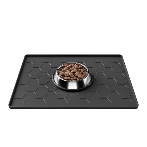 Pieviev 16''x12'' Dog Cat Food Bowl Mat, Silicone Waterproof Food Grade Pet Food Mat for Floor, High Raised Edge to Prevent Spills, Non-Slip & Easy Clean Pet Placemat for Dog & Cat Bowls, Black - color: Black, size: S-16''X12''