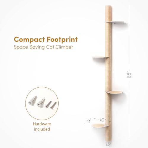 xympo 68" Tall Wall-Mounted Cat Tree – Modern Space-Saving Cat Shelf with Sisal Scratching Post & Steel Climbing Steps – Stylish Cat Wall Furniture for Small Spaces