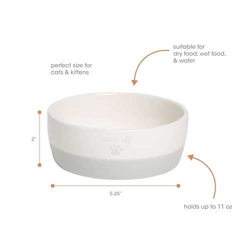 Pearhead Paws Off Ceramic Cat Bowl, Holds 1.3 Cups, Small Food and Water Bowl for Cats, Pet Dish, Microwave and Dishwasher Safe (Pack of 2) - color: Gray "Paws Off", size: Bowl Set