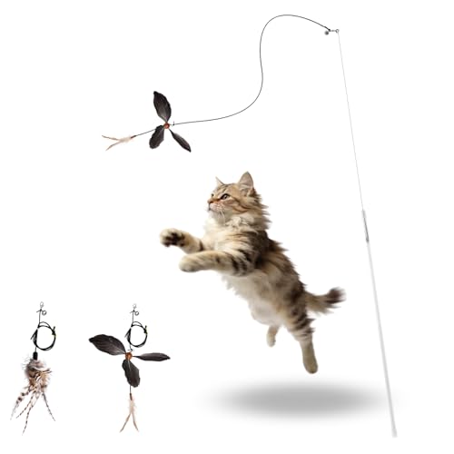 Retractable Cat Wand Toy with Spinning Natural Feather – Interactive Cat Teaser Wand for Indoor Cats, Adjustable Lightweight Cat Toy Wand with Safe Top Clasp - String Version - color: String Version