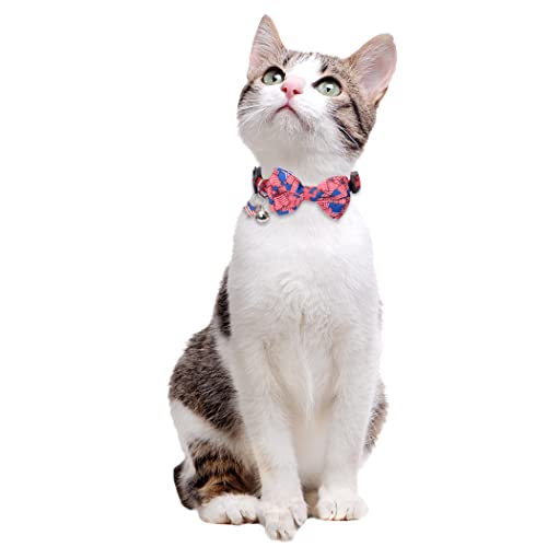 American Flag Cat Collar with Bell Bow Tie Star Breakaway Adjustable for 4th of July Independence Day - color: 3PCS