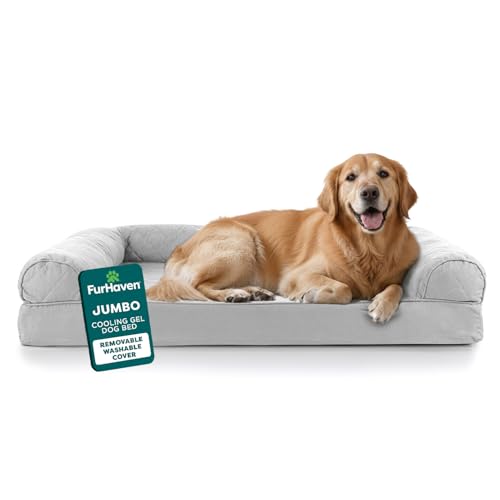 Furhaven Cooling Gel Dog Bed for Large Dogs w/ Removable Bolsters & Washable Cover, For Dogs Up to 95 lbs - Quilted Sofa - Silver Gray, Jumbo/XL - color: Silver Gray, size: Jumbo