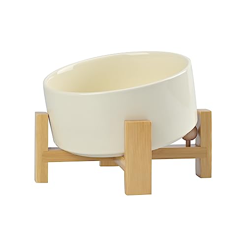 SPUNKYJUNKY 15° Slanted Ceramic Dog Bowl with Elevated Bamboo Stand - Tilted Pet Feeder for French Bulldog Pugs No Slip Anti-Vomiting for Cat Medium Dog Flat Face Pets 28.7 OZ (3.6 Cups, Beige) - color: Beige, size: 3.6 CUPS × 1