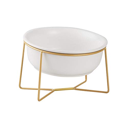 White Large Ceramic Tilted Elevated Cat Dog Bowl Raised Cat Food Water Bowl Dish Pet Comfort Feeding Bowls with Gold Iron Stand - color: White, size: Large