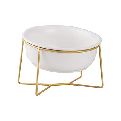 White Large Ceramic Tilted Elevated Cat Dog Bowl Raised Cat Food Water Bowl Dish Pet Comfort Feeding Bowls with Gold Iron Stand - color: White, size: Large