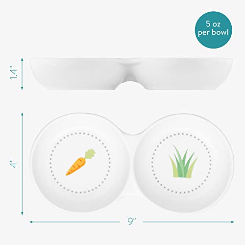 Navaris Double Food Bowl for Small Animals - Ceramic Food Bowls for Rabbits, Guinea Pigs, Small Pets - Rabbit Water Dish - Carrot and Grass Design - color: White