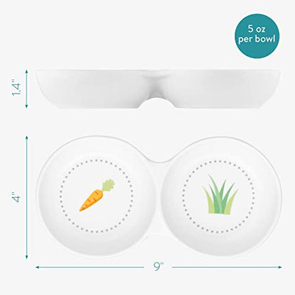 Navaris Double Food Bowl for Small Animals - Ceramic Food Bowls for Rabbits, Guinea Pigs, Small Pets - Rabbit Water Dish - Carrot and Grass Design - color: White