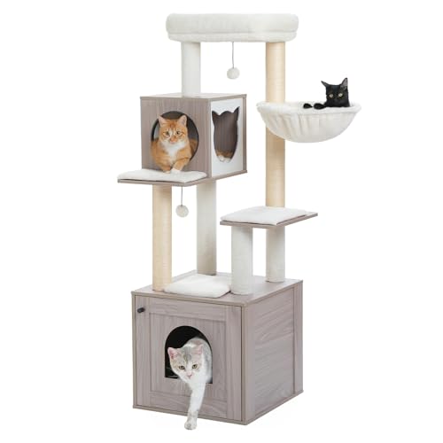 PEQULTI 57.5" Cat Tree with Litter Box Enclosure Large, Wood Cat Tower for Indoor Cats with Storage Cabinet and Cozy Cat Condo, Sisal Covered Scratching Post and Replaceable Dangling Balls, Grey - color: Grey, size: 58''