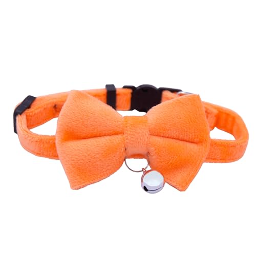 Velvet Bowtie Cat Collar with Bell – Adjustable Breakaway Orange Cat Collar for Adult Cats (7–11 in) - color: Orange