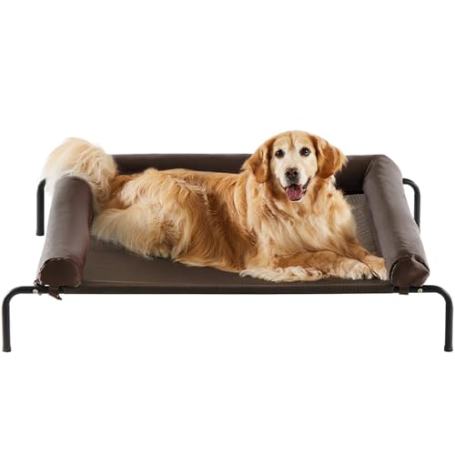 RRPETHOME Large Elevated Cooling Dog Bed, Raised Dog Cot Beds for Large Dogs, Elevated Outdoor Pet Cot, Chew Proof Portable Cooling Pet Cot with Skid-Resistant Feet and Breathable Mesh - color: Brown, size: 48.0"L x 35.0"W x 8.0"Th