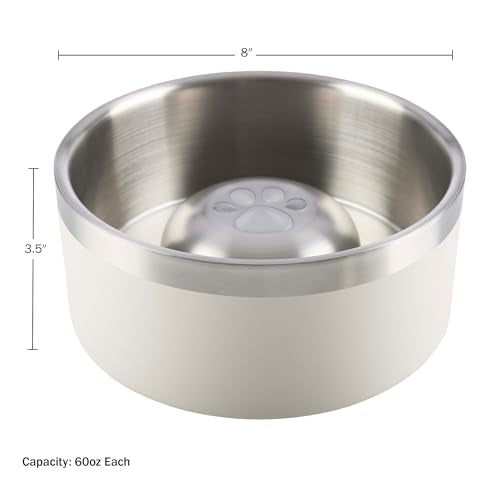 Set of 2 Stainless Steel Slow Feeder Dog Bowls - 60oz/7.5 Cups Double Wall Insulated Food and Water Bowls for Dogs - Non Slip Metal Pet Dishes for Medium to Large Sized Pets by PETMAKER (Cream) - size: 60oz