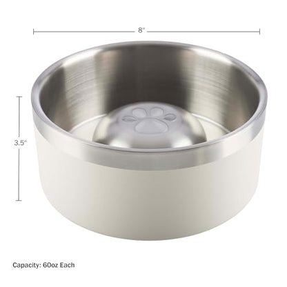 Set of 2 Stainless Steel Slow Feeder Dog Bowls - 60oz/7.5 Cups Double Wall Insulated Food and Water Bowls for Dogs - Non Slip Metal Pet Dishes for Medium to Large Sized Pets by PETMAKER (Cream) - size: 60oz