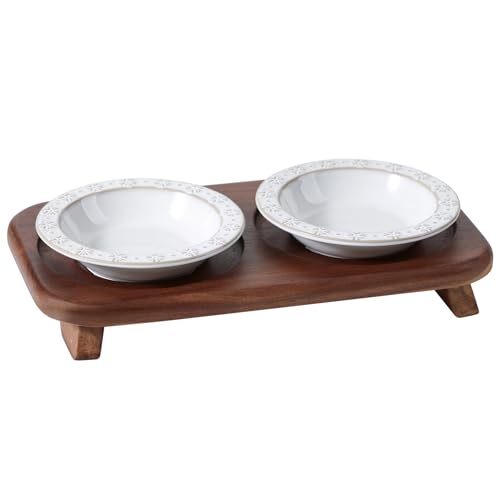 Havniva Cat Food Bowl, 6.1" Raised Cat Bowls with Acacia Wood Stand, Elevated Cat Dishes Ceramic Pet Food & Water Bowl Set, Extra Wide Whisker Friendly Elegant Pet Dish for Kitten, Cats, Puppy - color: 2 Dishes+Stand- Arctic White