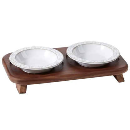 Havniva Cat Food Bowl, 6.1" Raised Cat Bowls with Acacia Wood Stand, Elevated Cat Dishes Ceramic Pet Food & Water Bowl Set, Extra Wide Whisker Friendly Elegant Pet Dish for Kitten, Cats, Puppy - color: 2 Dishes+Stand- Arctic White